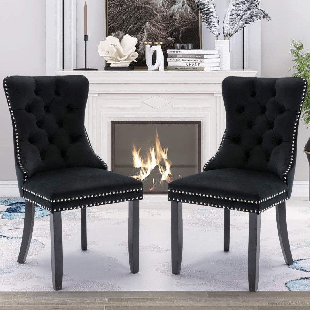 6x Velvet Dining Chairs Upholstered Tufted Kithcen Chair with Solid Wood Legs Stud Trim and Ring-Black