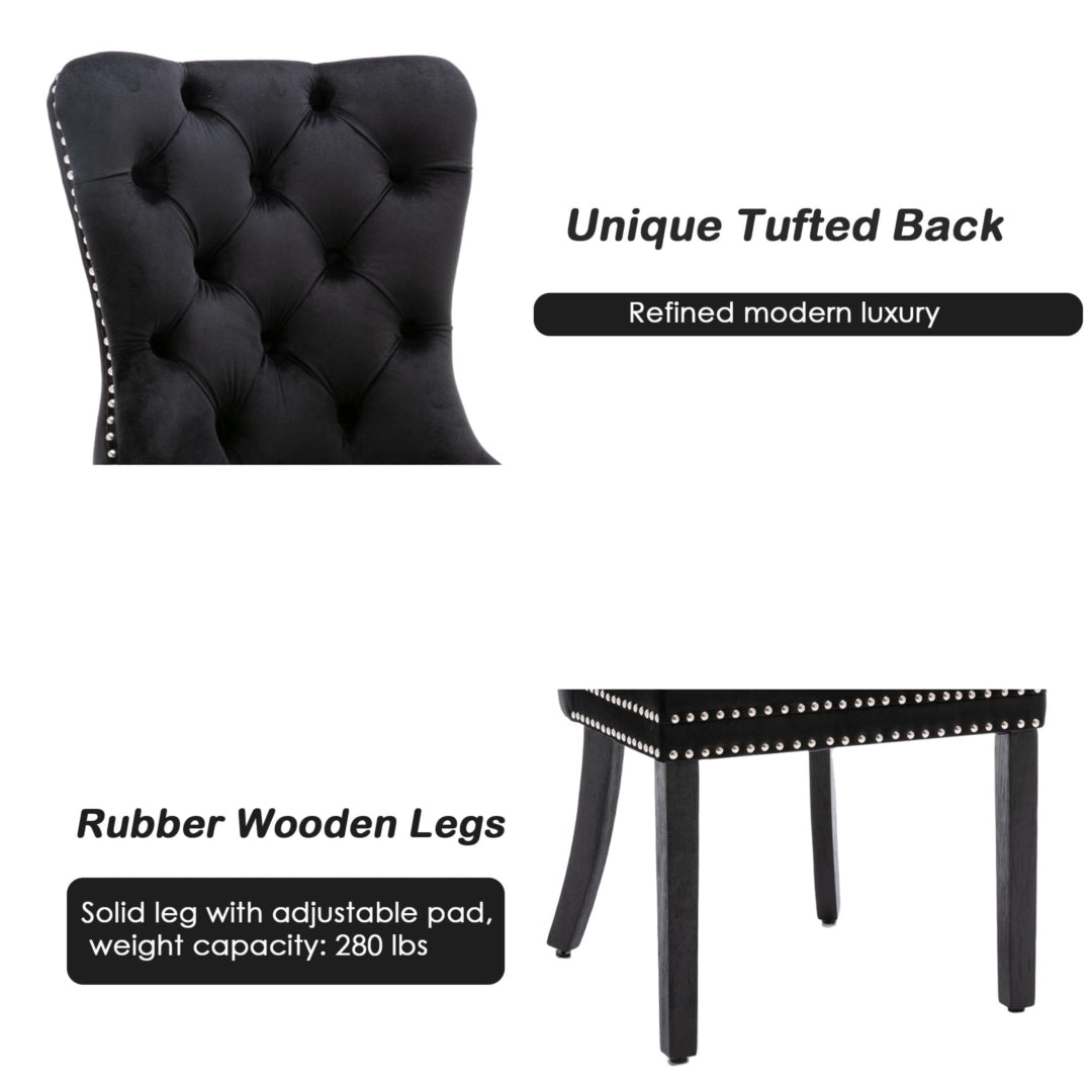 6x Velvet Dining Chairs Upholstered Tufted Kithcen Chair with Solid Wood Legs Stud Trim and Ring-Black