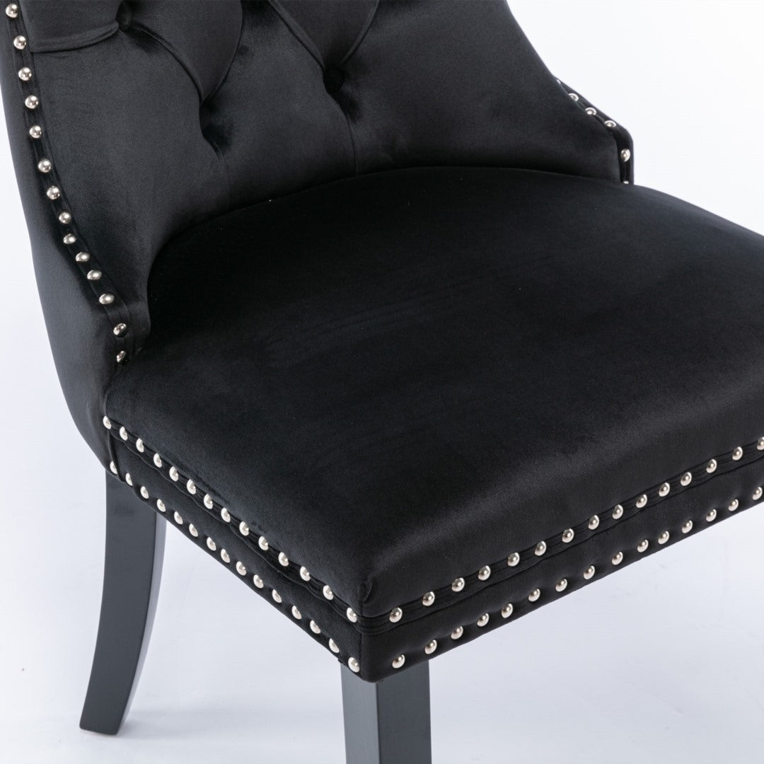 6x Velvet Dining Chairs Upholstered Tufted Kithcen Chair with Solid Wood Legs Stud Trim and Ring-Black