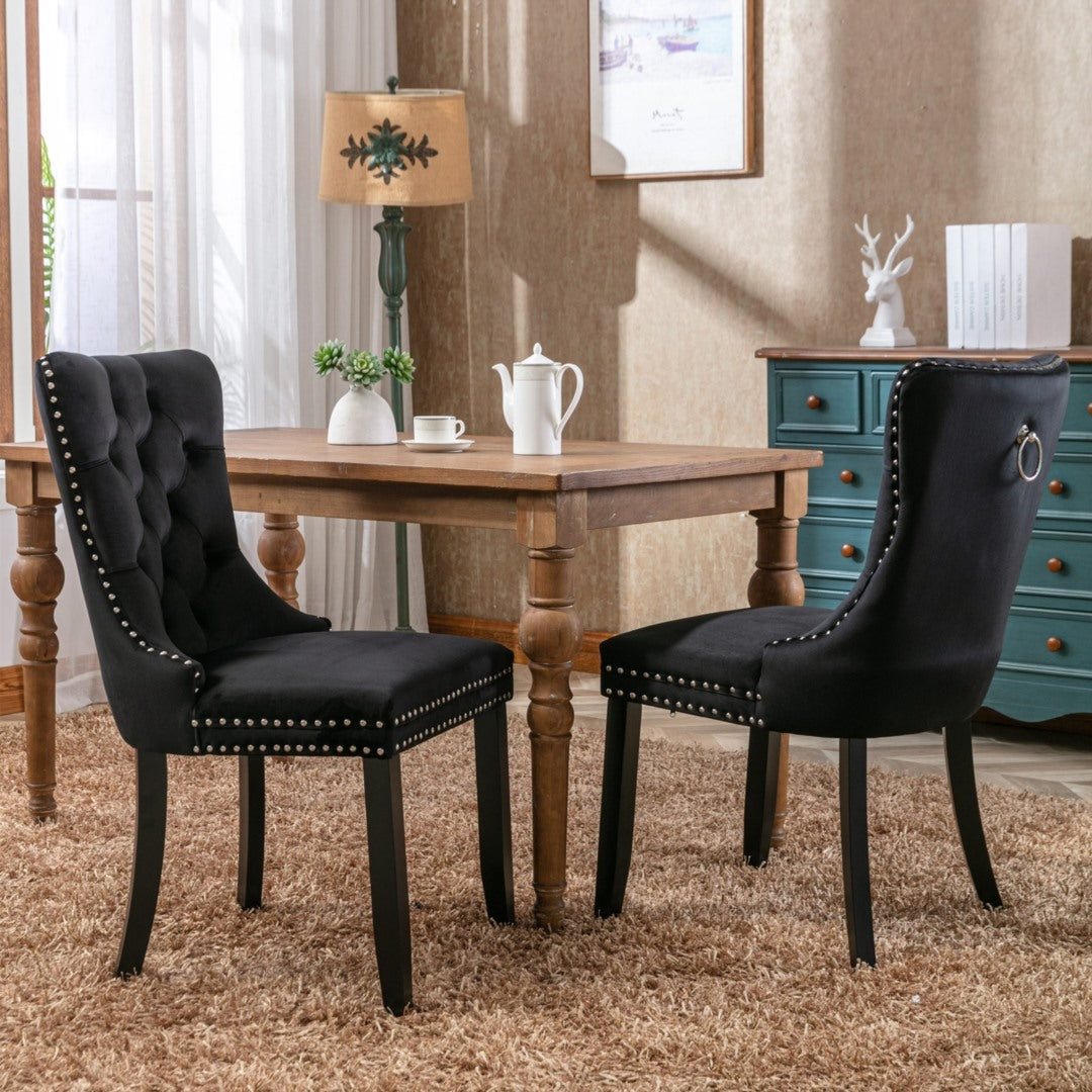 8x Velvet Dining Chairs Upholstered Tufted Kithcen Chair with Solid Wood Legs Stud Trim and Ring-Black