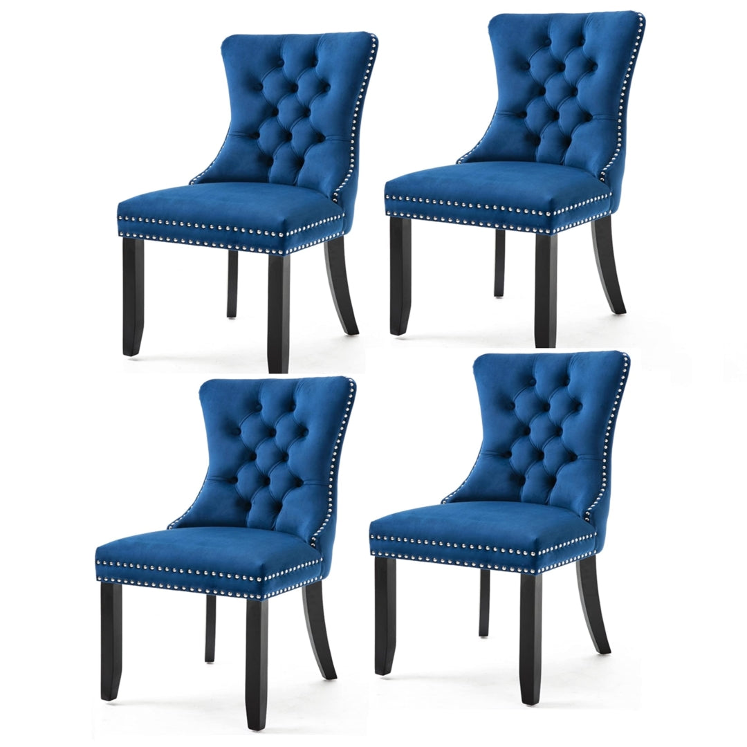 4x Velvet Dining Chairs Upholstered Tufted Kithcen Chair with Solid Wood Legs Stud Trim and Ring-Blue