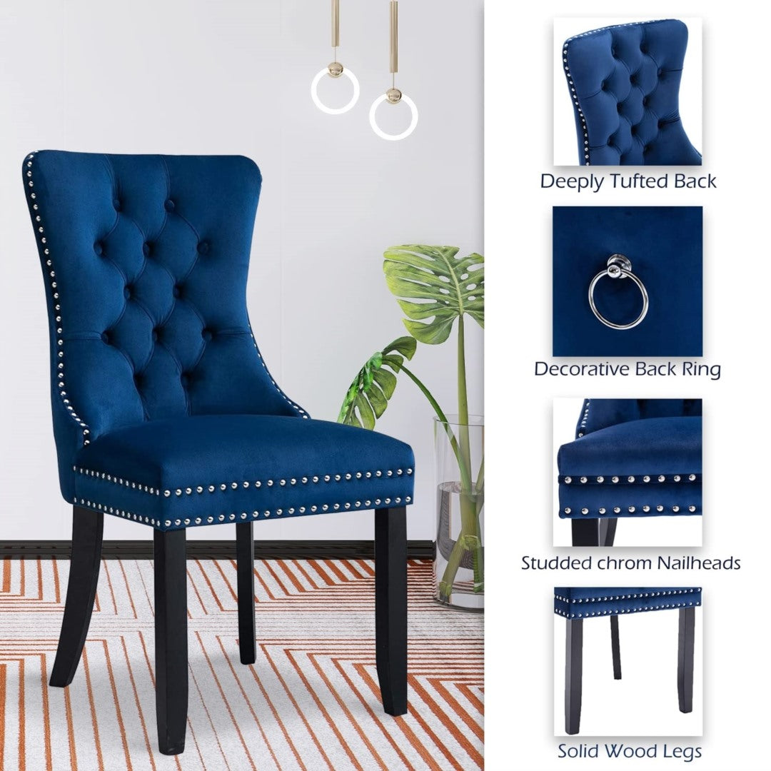 4x Velvet Dining Chairs Upholstered Tufted Kithcen Chair with Solid Wood Legs Stud Trim and Ring-Blue