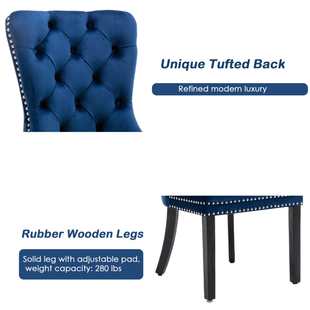 4x Velvet Dining Chairs Upholstered Tufted Kithcen Chair with Solid Wood Legs Stud Trim and Ring-Blue