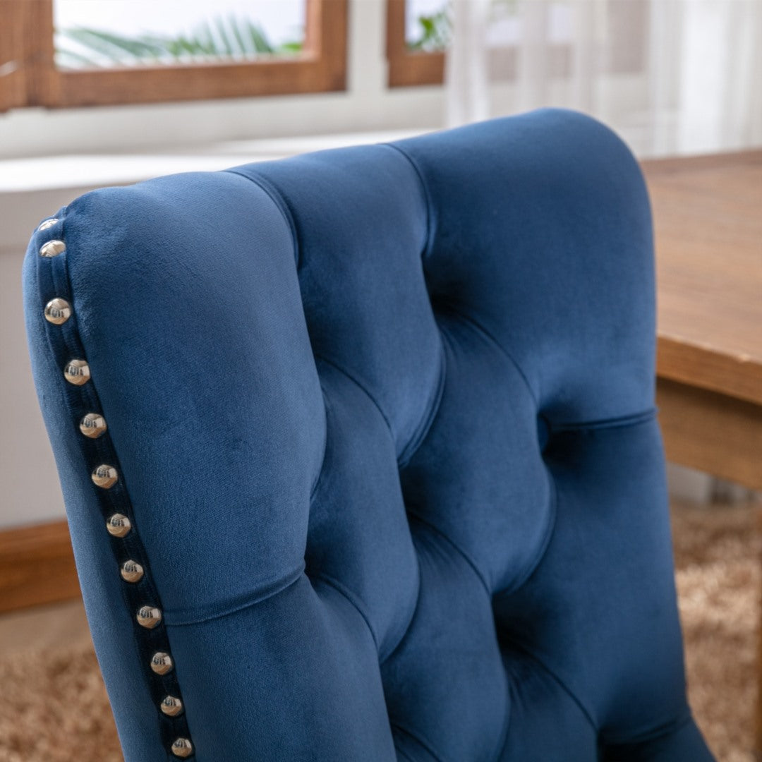 4x Velvet Dining Chairs Upholstered Tufted Kithcen Chair with Solid Wood Legs Stud Trim and Ring-Blue