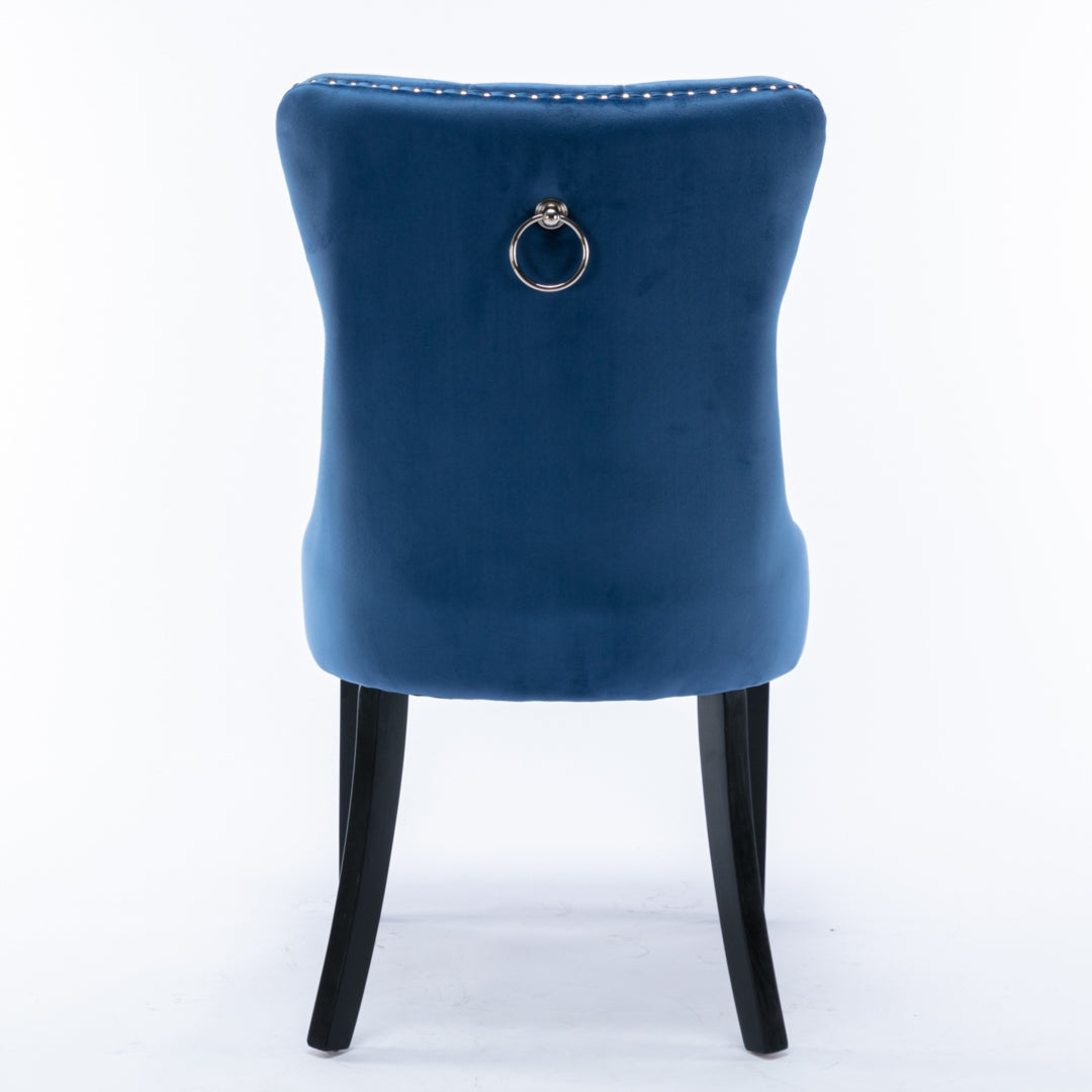 6x Velvet Dining Chairs Upholstered Tufted Kithcen Chair with Solid Wood Legs Stud Trim and Ring-Blue