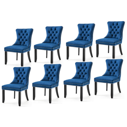 8x Velvet Dining Chairs Upholstered Tufted Kithcen Chair with Solid Wood Legs Stud Trim and Ring-Blue