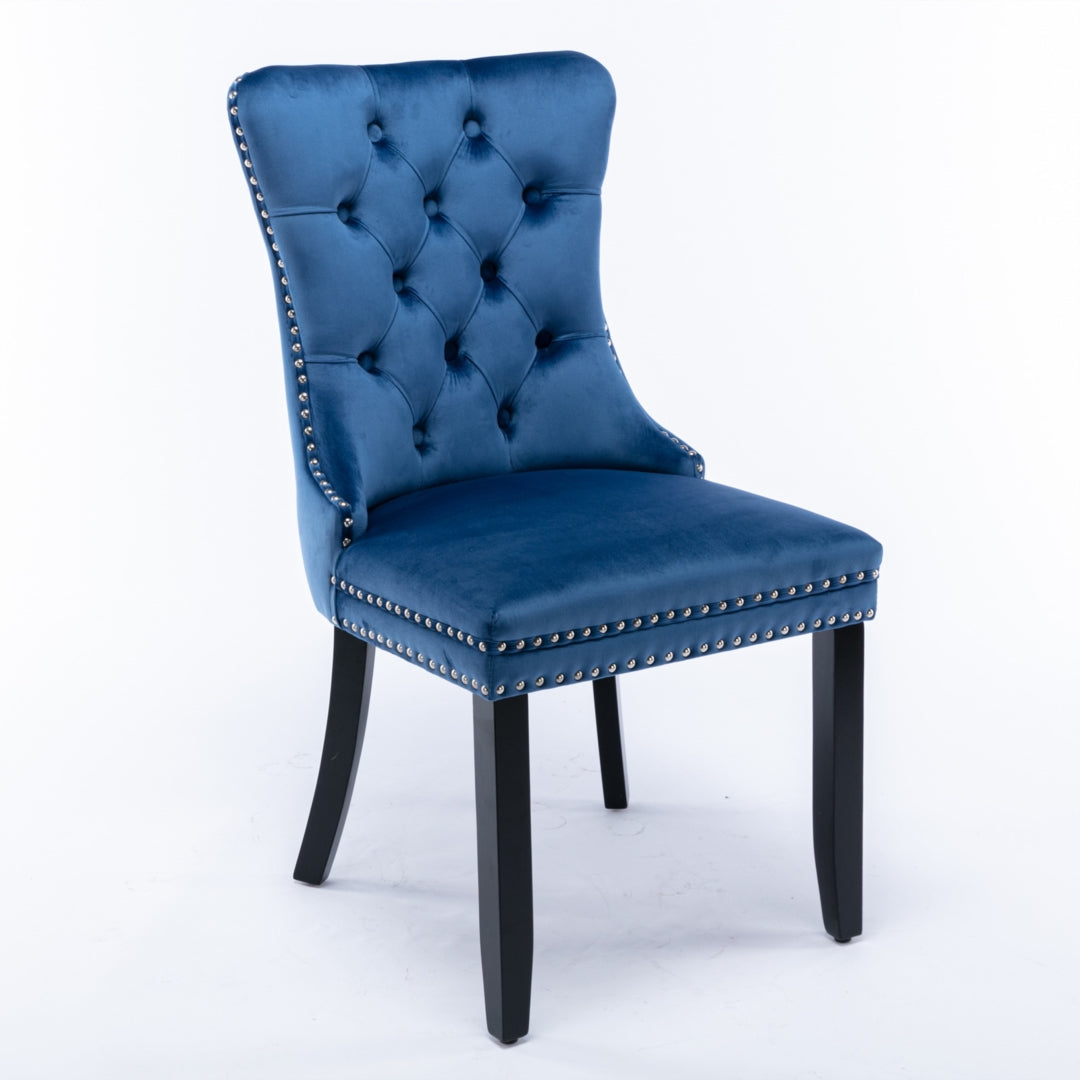 2x Velvet Dining Chairs Upholstered Tufted Kithcen Chair with Solid Wood Legs Stud Trim and Ring-Blue