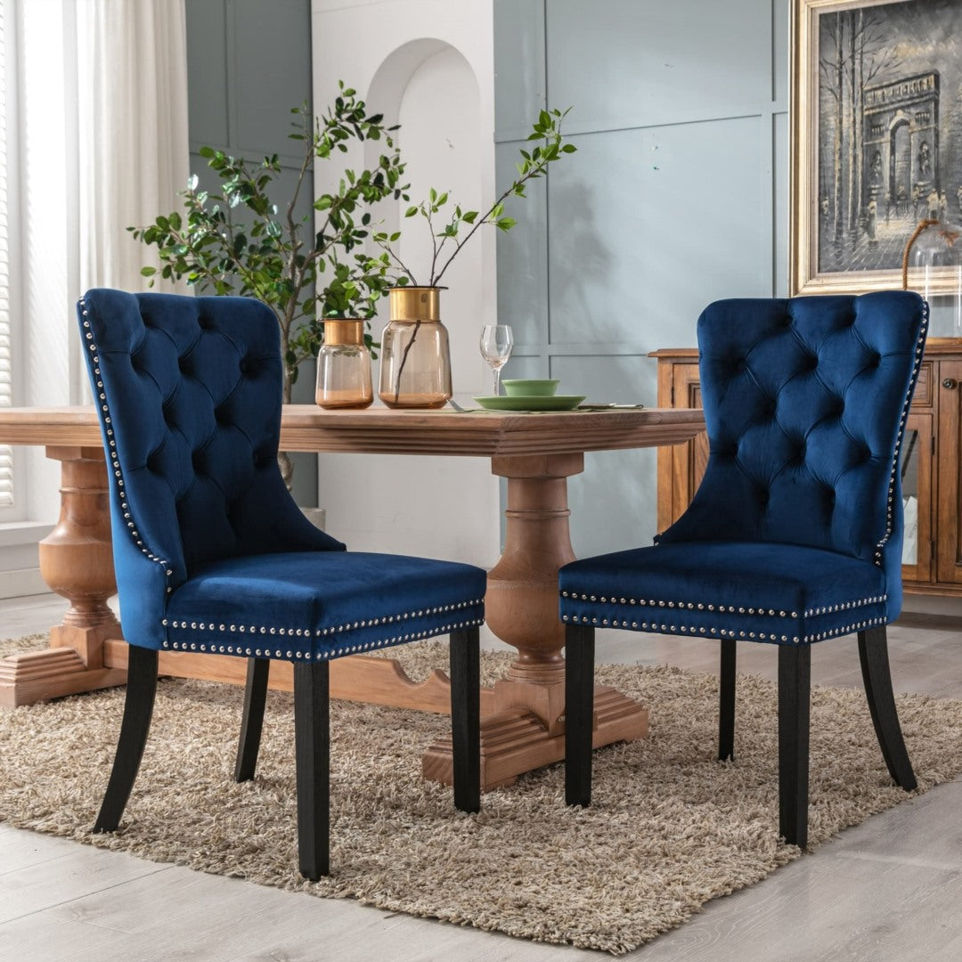 2x Velvet Dining Chairs Upholstered Tufted Kithcen Chair with Solid Wood Legs Stud Trim and Ring-Blue