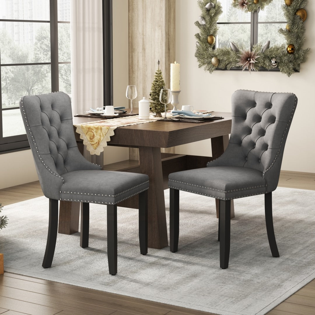 4x Velvet Dining Chairs Upholstered Tufted Kithcen Chair with Solid Wood Legs Stud Trim and Ring-Gray