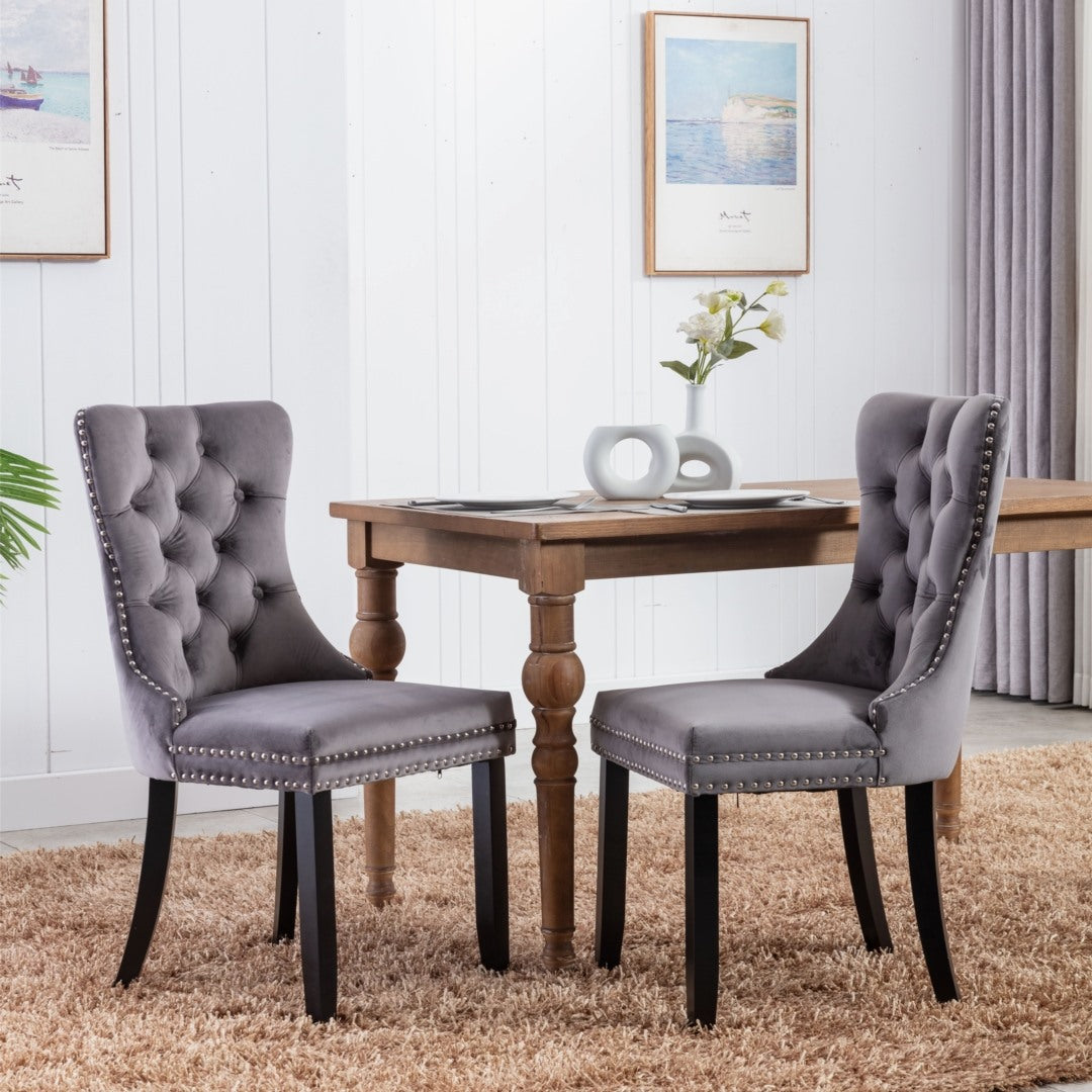 4x Velvet Dining Chairs Upholstered Tufted Kithcen Chair with Solid Wood Legs Stud Trim and Ring-Gray