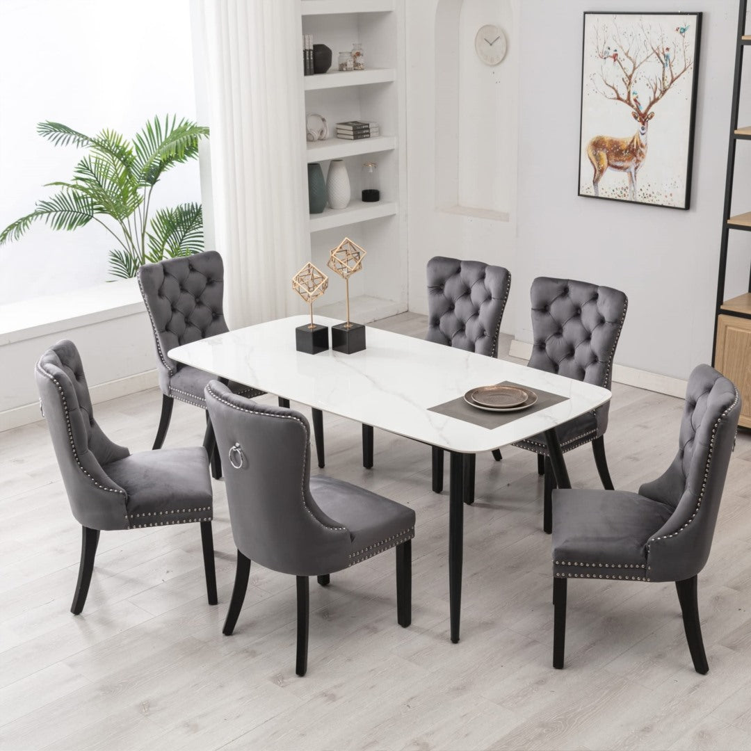 4x Velvet Dining Chairs Upholstered Tufted Kithcen Chair with Solid Wood Legs Stud Trim and Ring-Gray