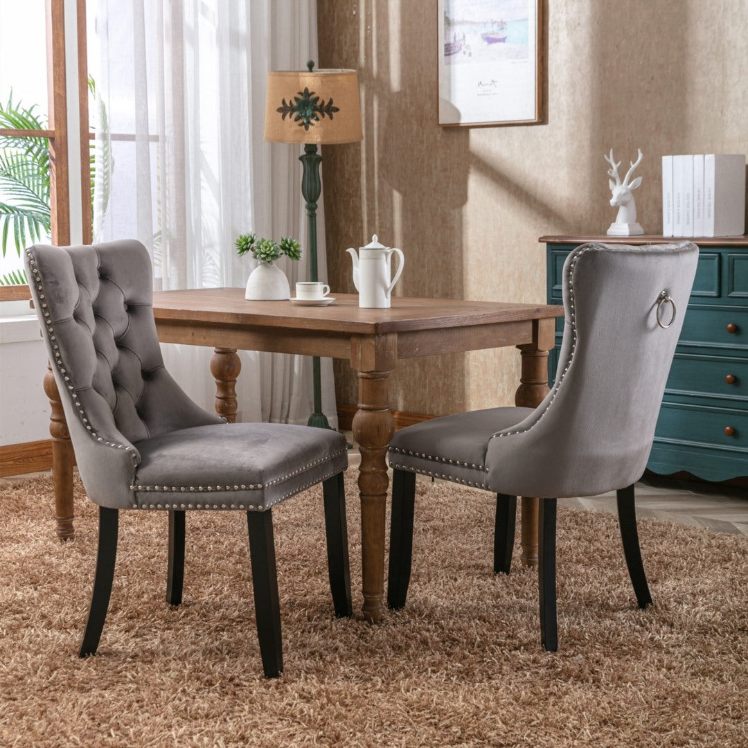 6x Velvet Dining Chairs Upholstered Tufted Kithcen Chair with Solid Wood Legs Stud Trim and Ring-Gray