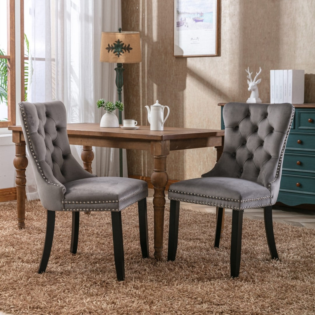 6x Velvet Dining Chairs Upholstered Tufted Kithcen Chair with Solid Wood Legs Stud Trim and Ring-Gray