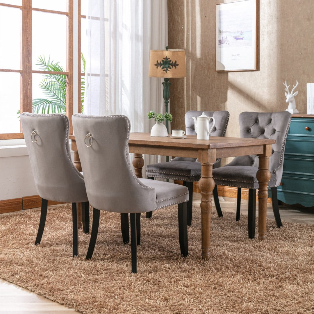 6x Velvet Dining Chairs Upholstered Tufted Kithcen Chair with Solid Wood Legs Stud Trim and Ring-Gray