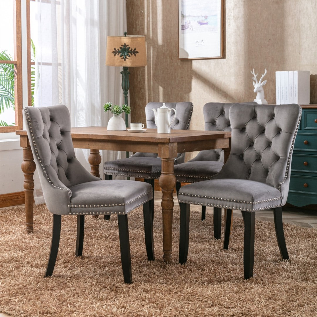 6x Velvet Dining Chairs Upholstered Tufted Kithcen Chair with Solid Wood Legs Stud Trim and Ring-Gray