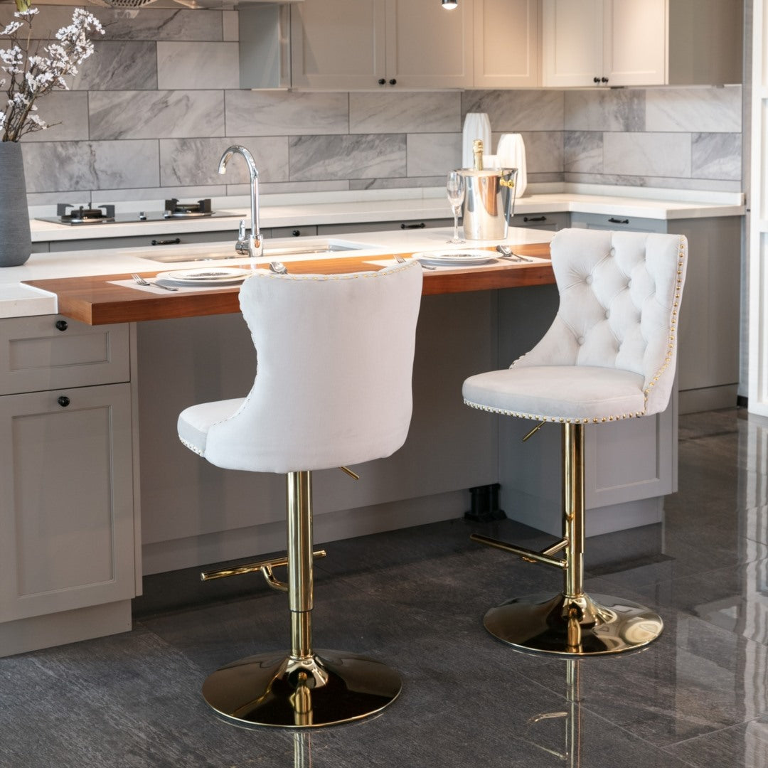 4x Height Adjustable Swivel Bar Stool Velvet Studs Barstool with Footrest and Golden Base- Beige