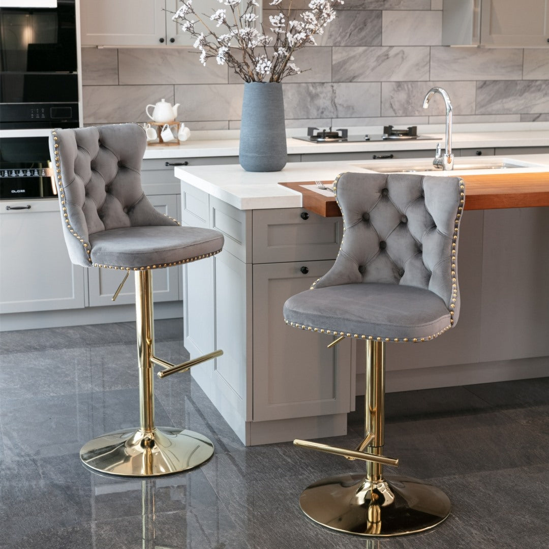 2x Height Adjustable Swivel Bar Stool Velvet Studs Barstool with Footrest and Golden Base- Grey