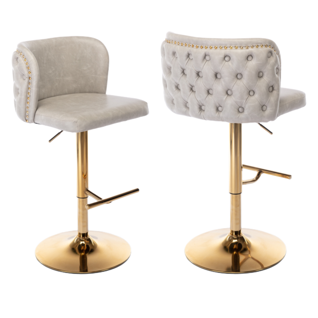 2x Faux Leather Golden Base Swivel Bar Stools- Beige