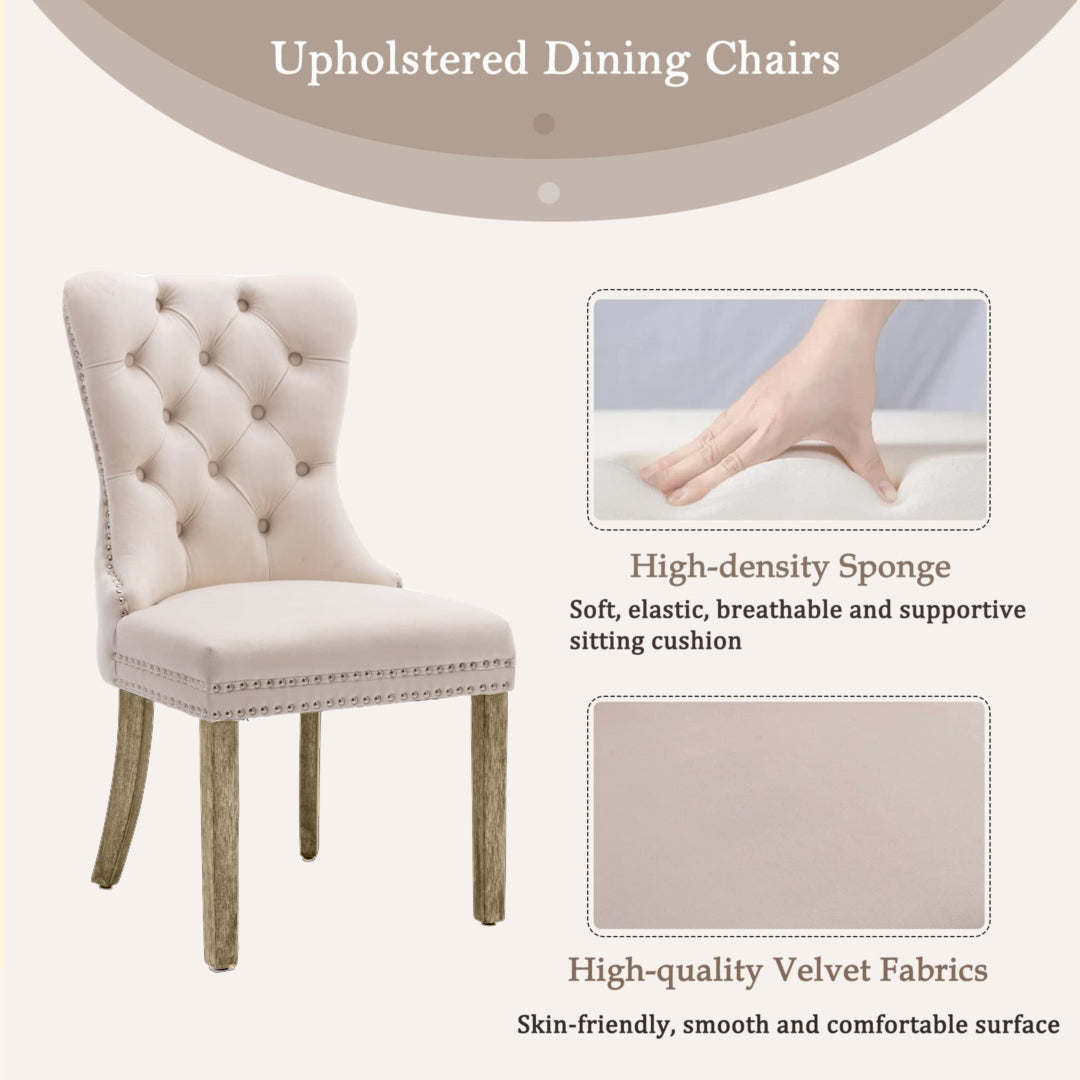 2x Velvet Dining Chairs Upholstered Tufted Kithcen Chair with Solid Wood Legs Stud Trim and Ring-Beige