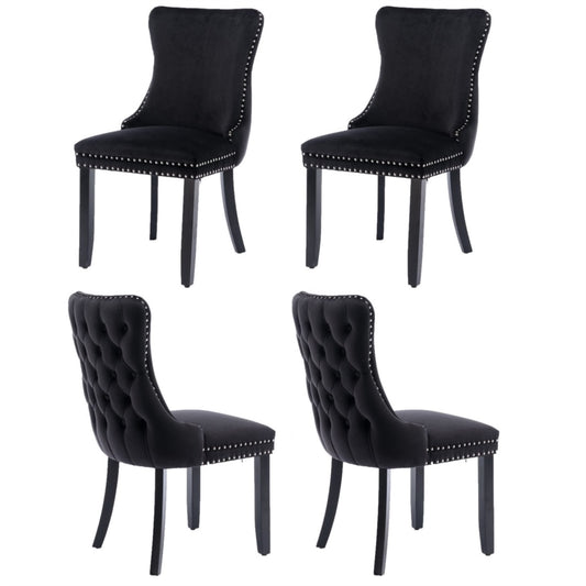 4x Velvet Upholstered Dining Tufted Chairs with Studs Trim and Solid Wood Legs-Black