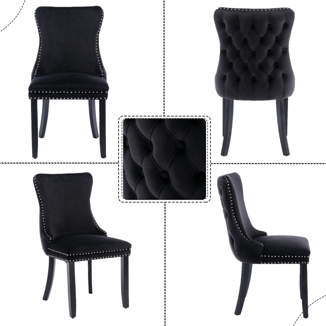 4x Velvet Upholstered Dining Tufted Chairs with Studs Trim and Solid Wood Legs-Black