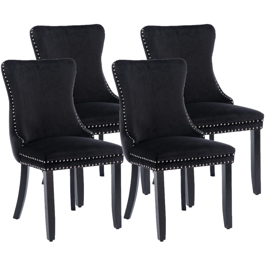 6x Velvet Upholstered Dining Tufted Chairs with Studs Trim and Solid Wood Legs-Black