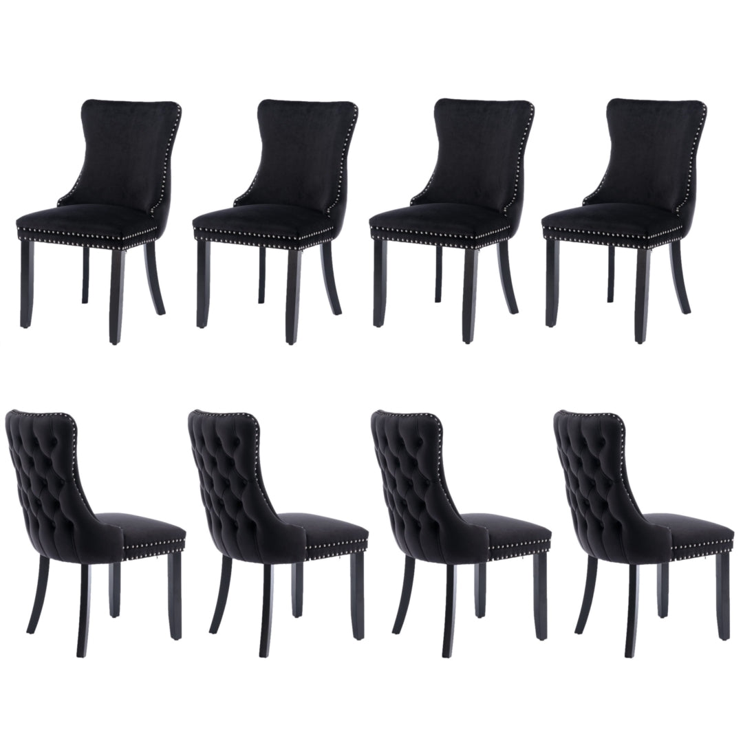 8x Velvet Upholstered Dining Tufted Chairs with Studs Trim and Solid Wood Legs-Black