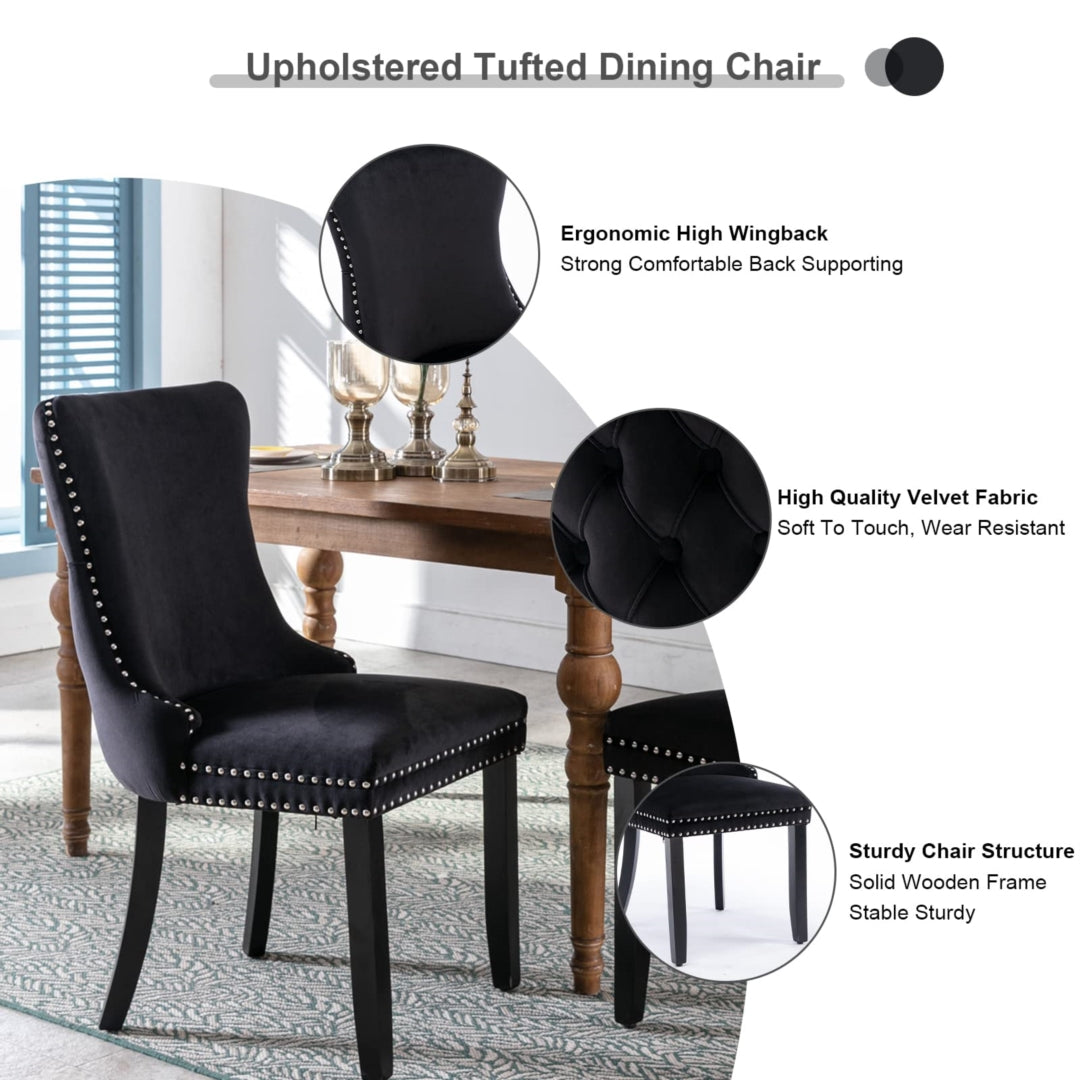 8x Velvet Upholstered Dining Tufted Chairs with Studs Trim and Solid Wood Legs-Black