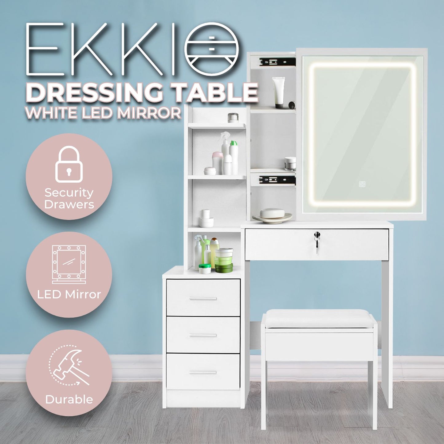 Dressing Table White LED Mirror + Stool