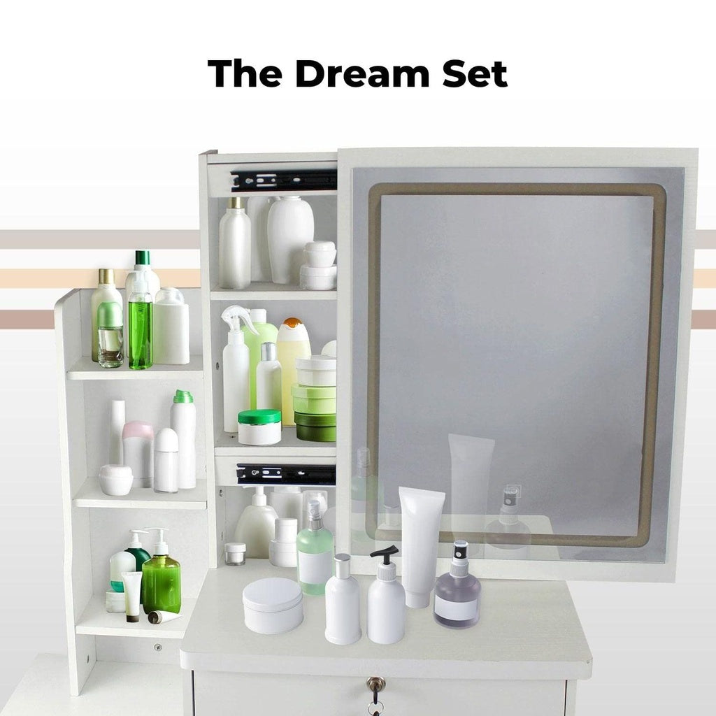 Dressing Table White LED Mirror + Stool