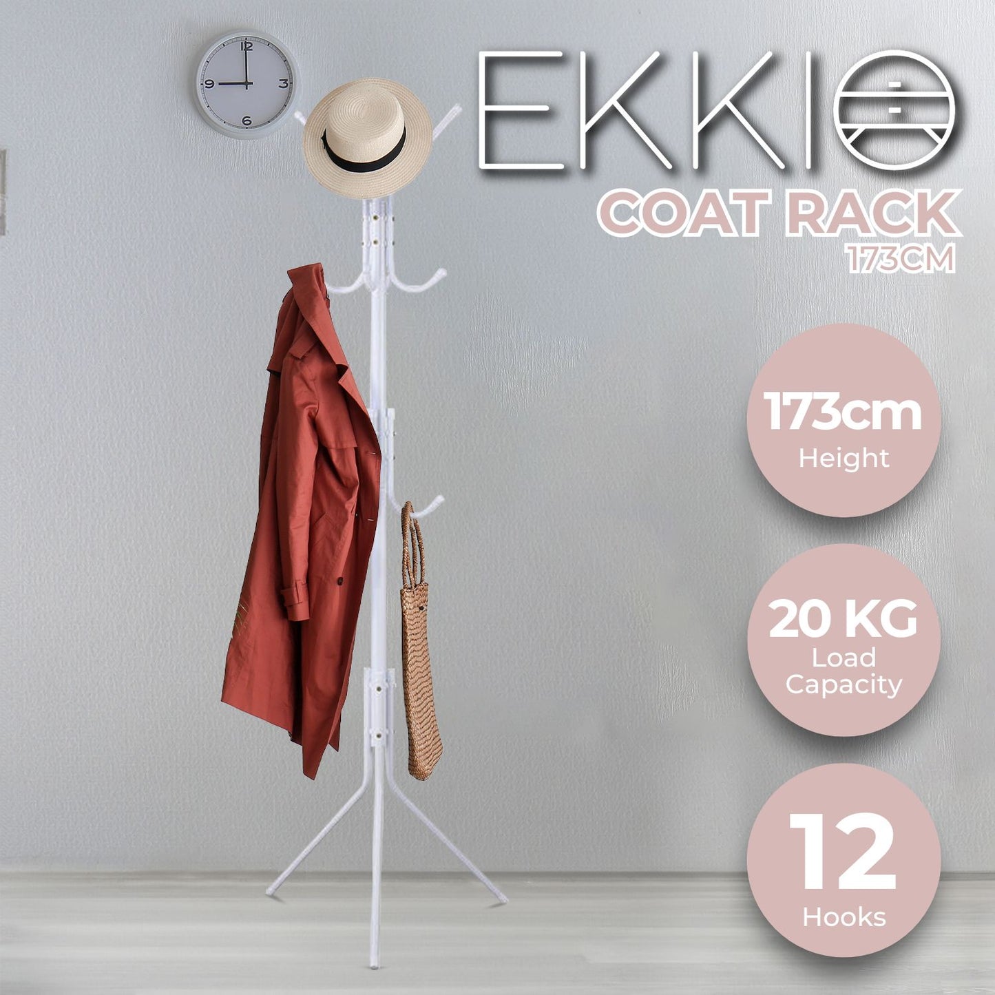 12 Hook Metal Coat Rack Stand with 3-Tier Hat Hanger (White)