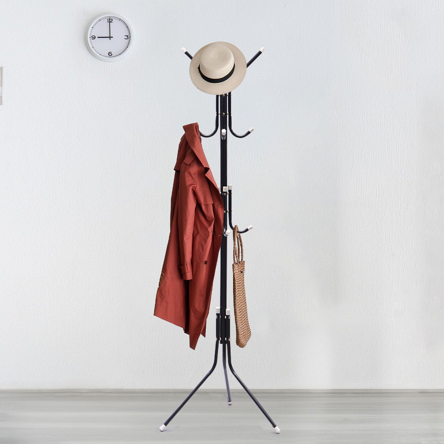 12 Hook Metal Coat Rack Stand with 3-Tier Hat Hanger (Black)