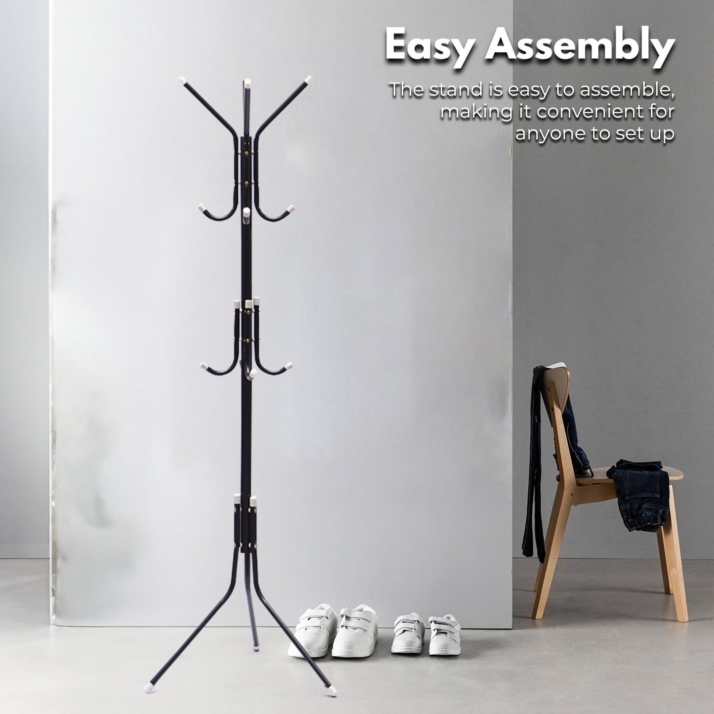 12 Hook Metal Coat Rack Stand with 3-Tier Hat Hanger (Black)