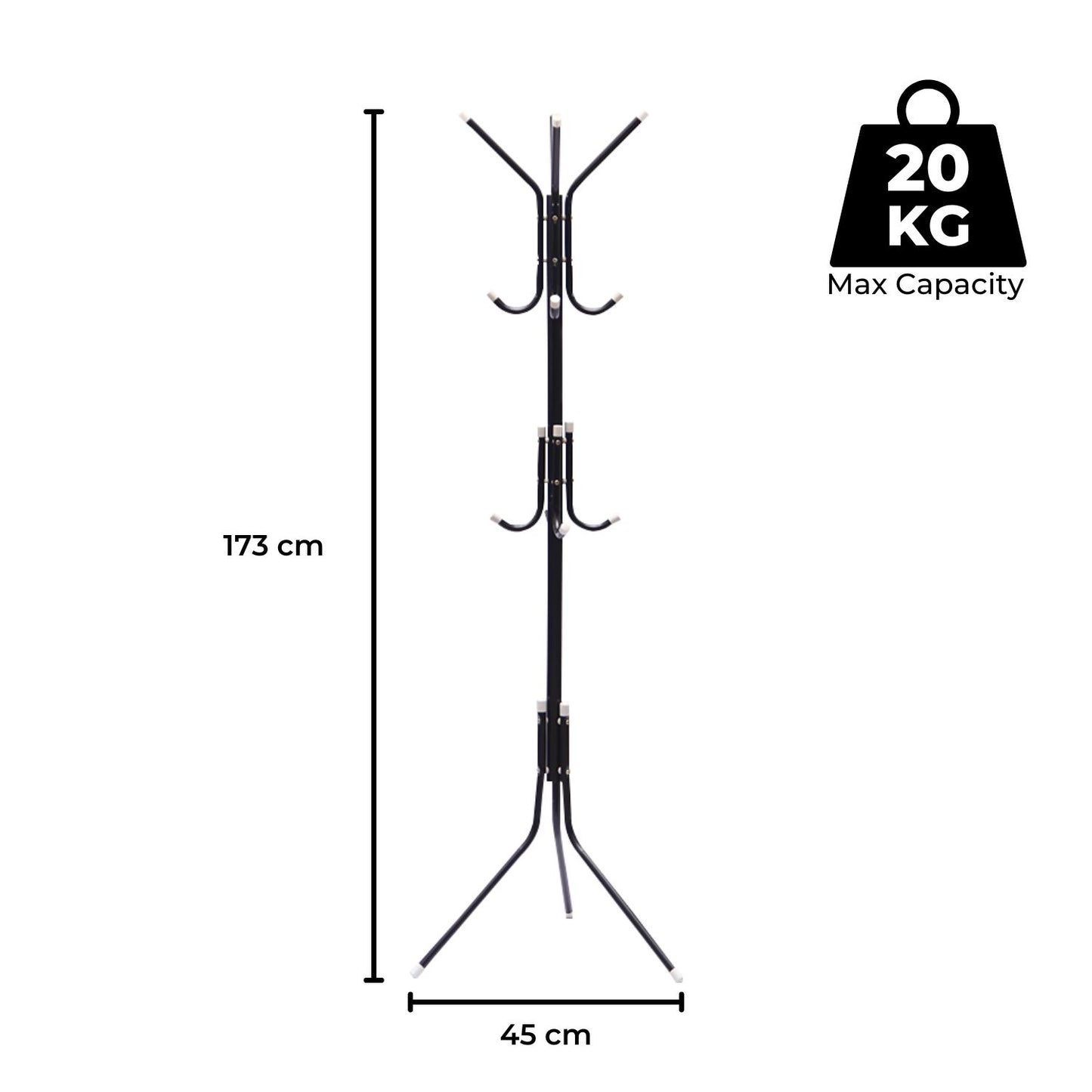 12 Hook Metal Coat Rack Stand with 3-Tier Hat Hanger (Black)