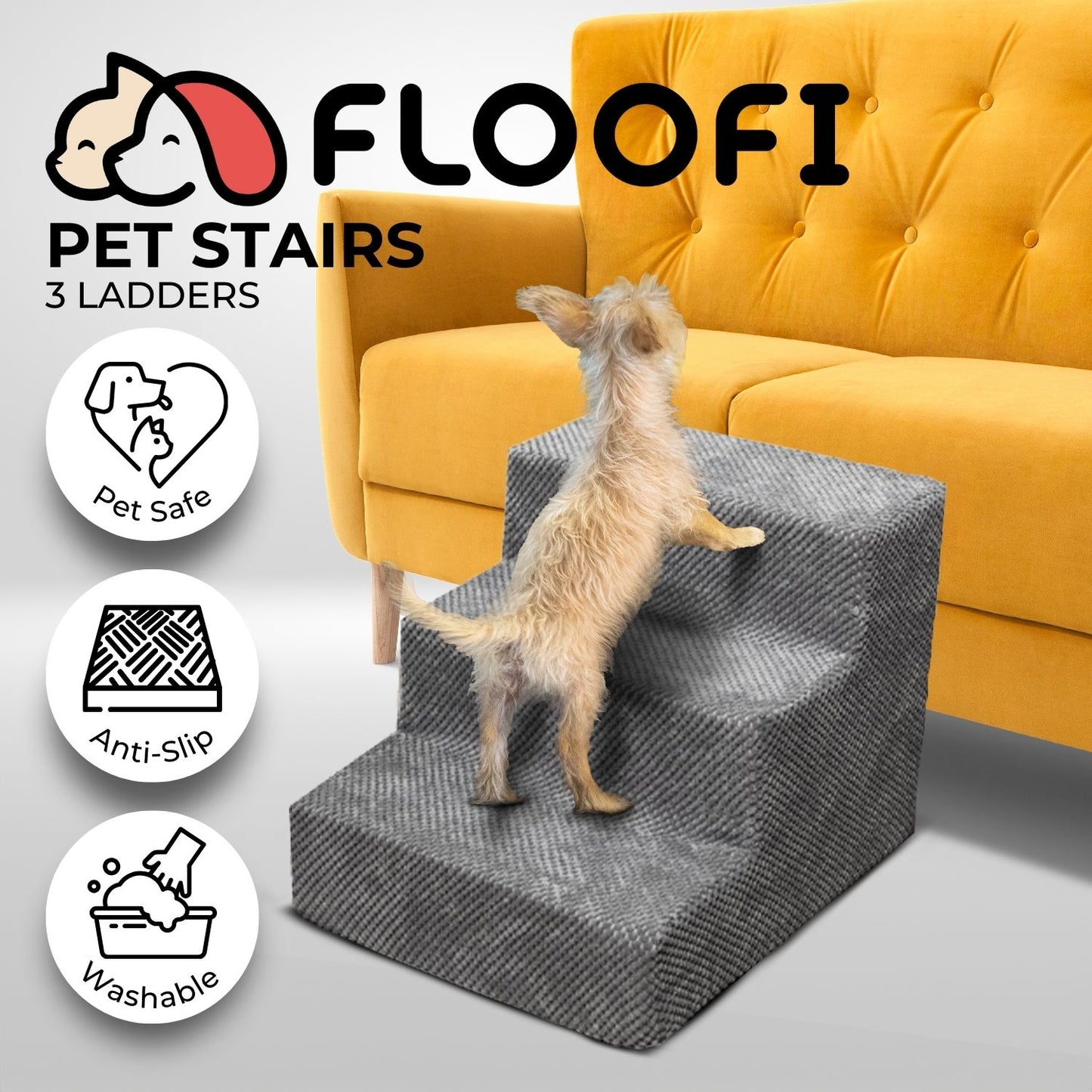 3-Step Detachable Memory Foam Pet Stairs with Removable Washable Cover (Grey)