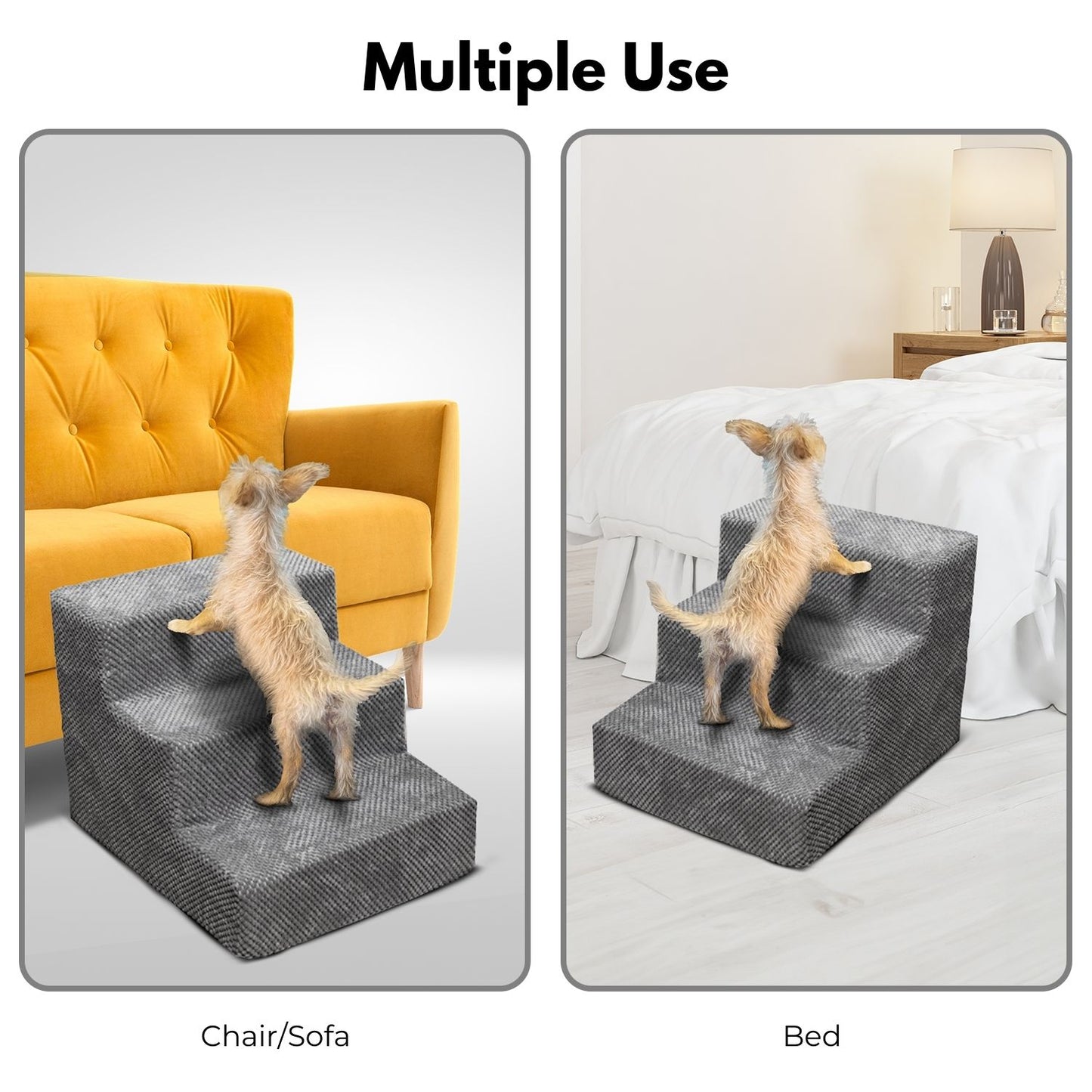 3-Step Detachable Memory Foam Pet Stairs with Removable Washable Cover (Grey)