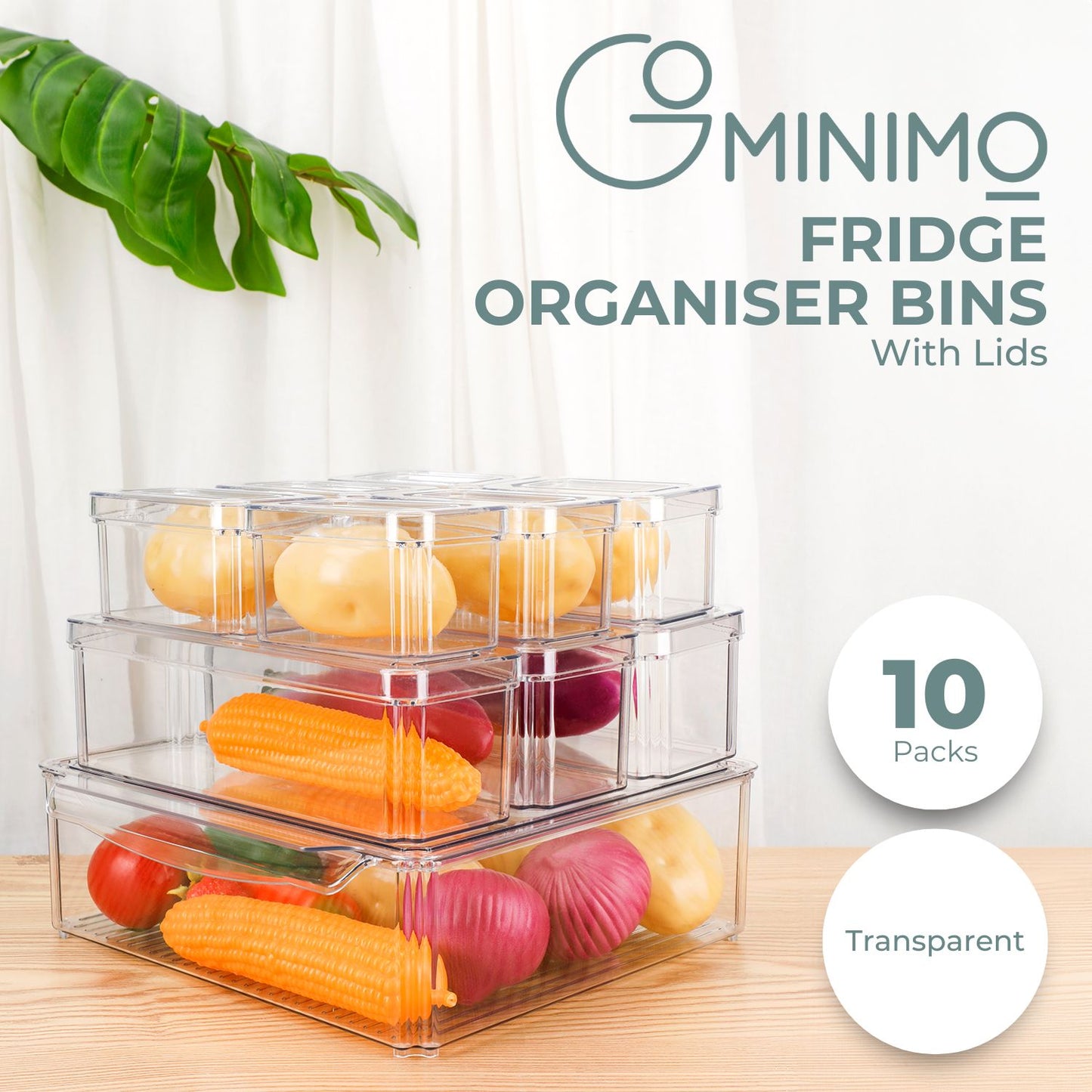 10 Pack Clear Stackable Fridge Organiser Bins with Lids (Transparent)