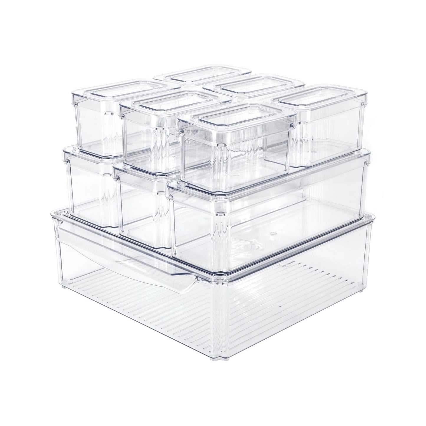 10 Pack Clear Stackable Fridge Organiser Bins with Lids (Transparent)