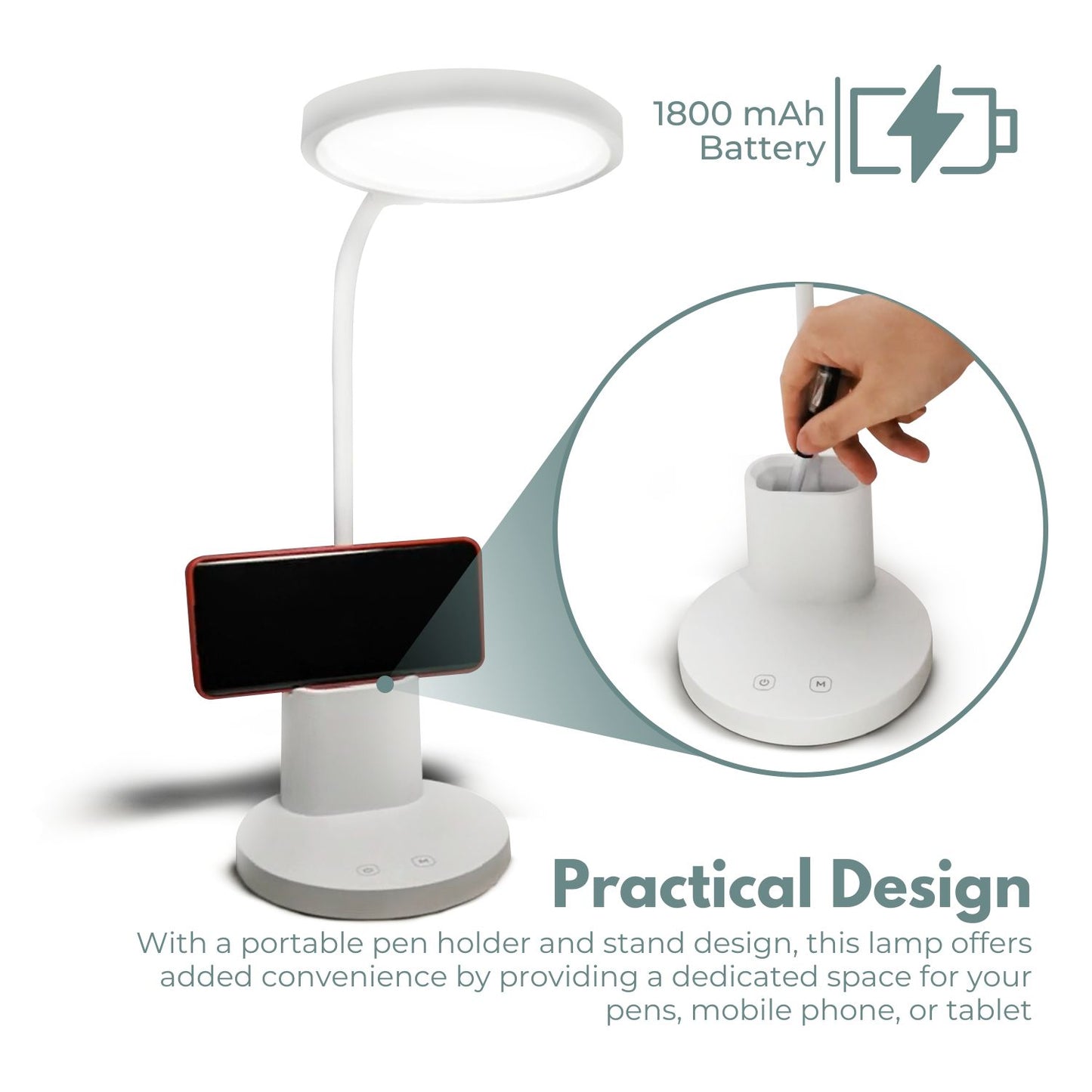 Desk Lamp With Pen And Phone Holder (White)