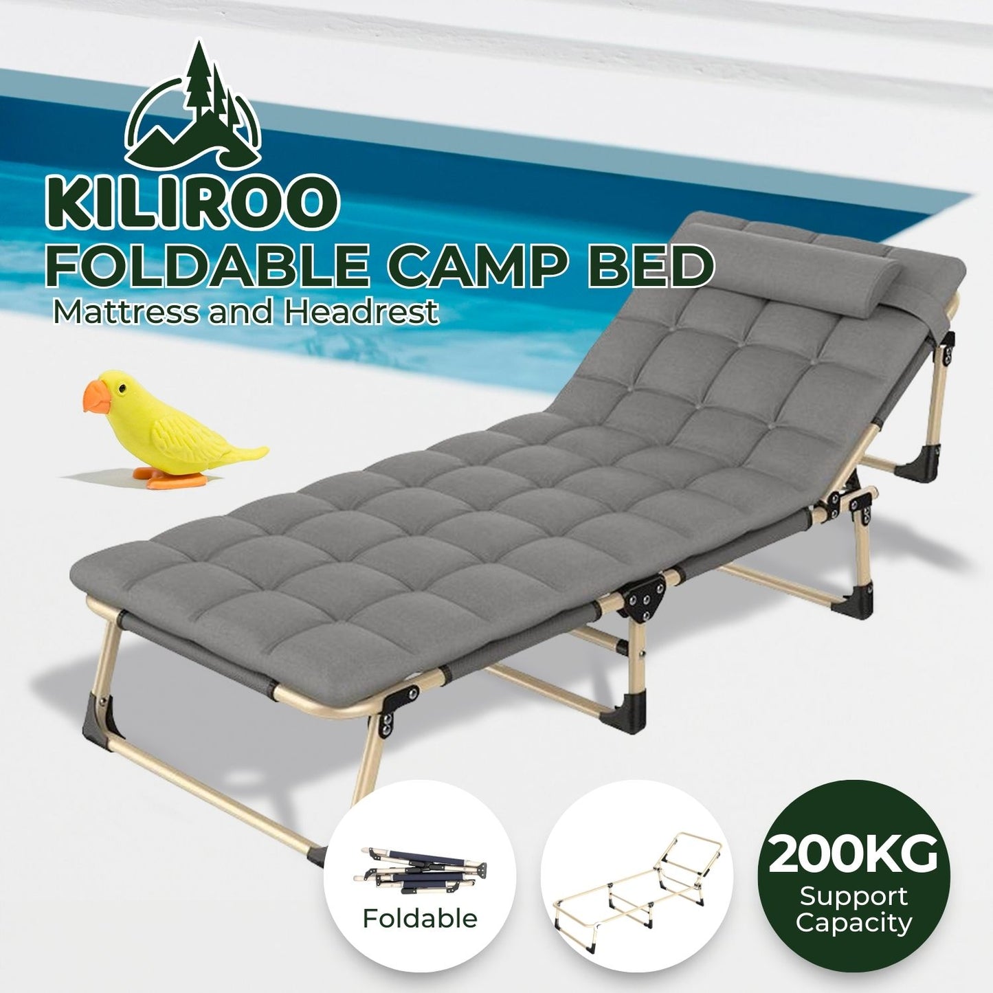 KILIROO Adjustable Portable Folding Bed with Mattress and Headrest (Grey)