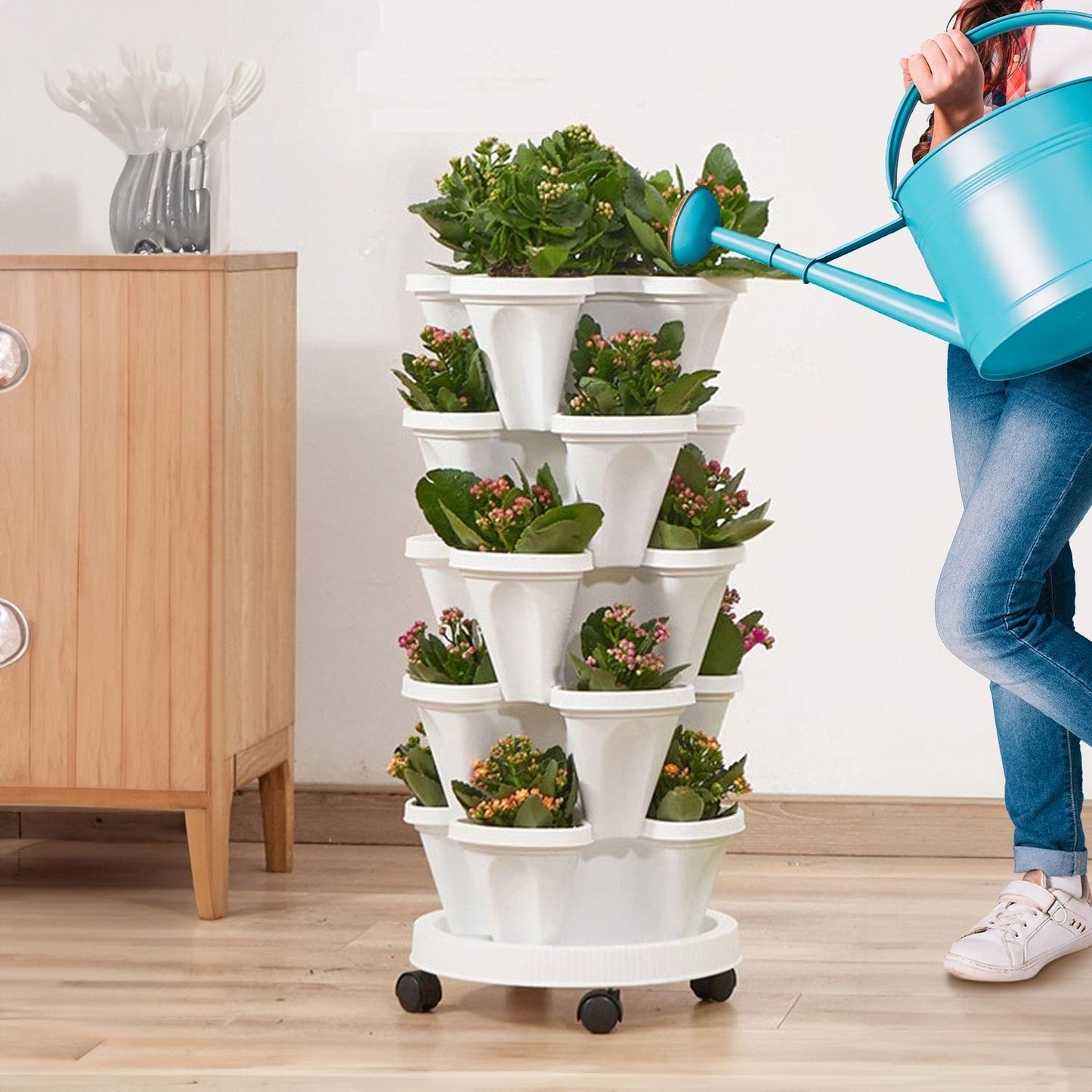 5 Tier Stacking Planter Vertical Garden with Heavy Duty Trolley Wheels (45cm)