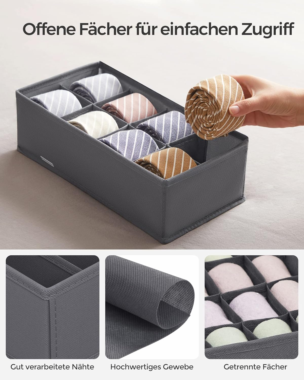 Underwear Storage Folding Fabric Boxes Set of 8 Grey