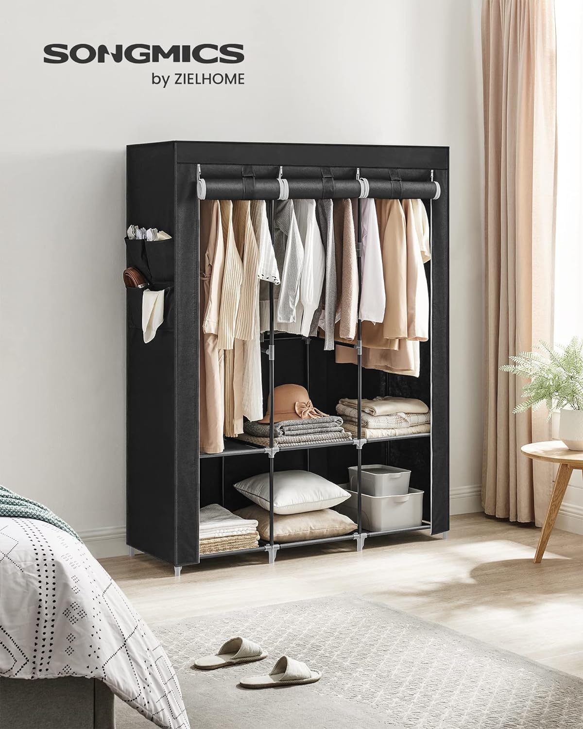 Clothes Wardrobe Portable Closet with Cover and 3 Hanging Rails Black