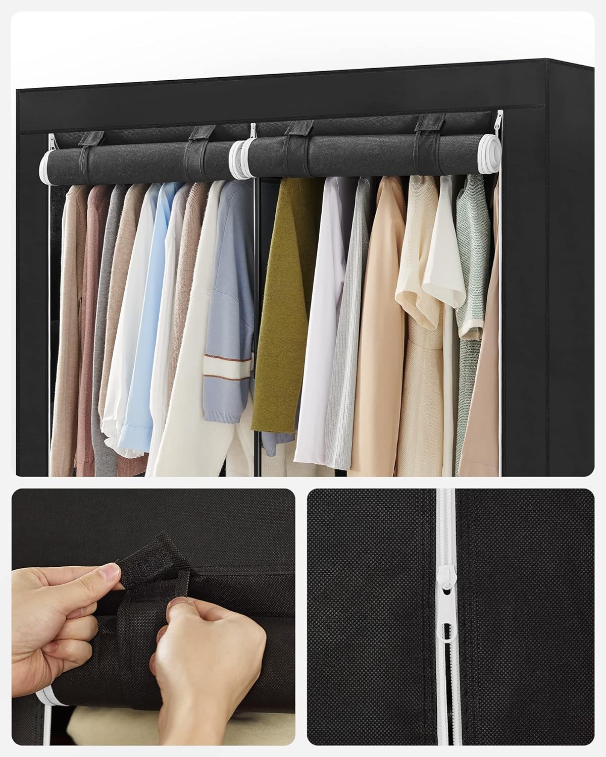 Clothes Wardrobe Portable Closet with Cover and 3 Hanging Rails Black