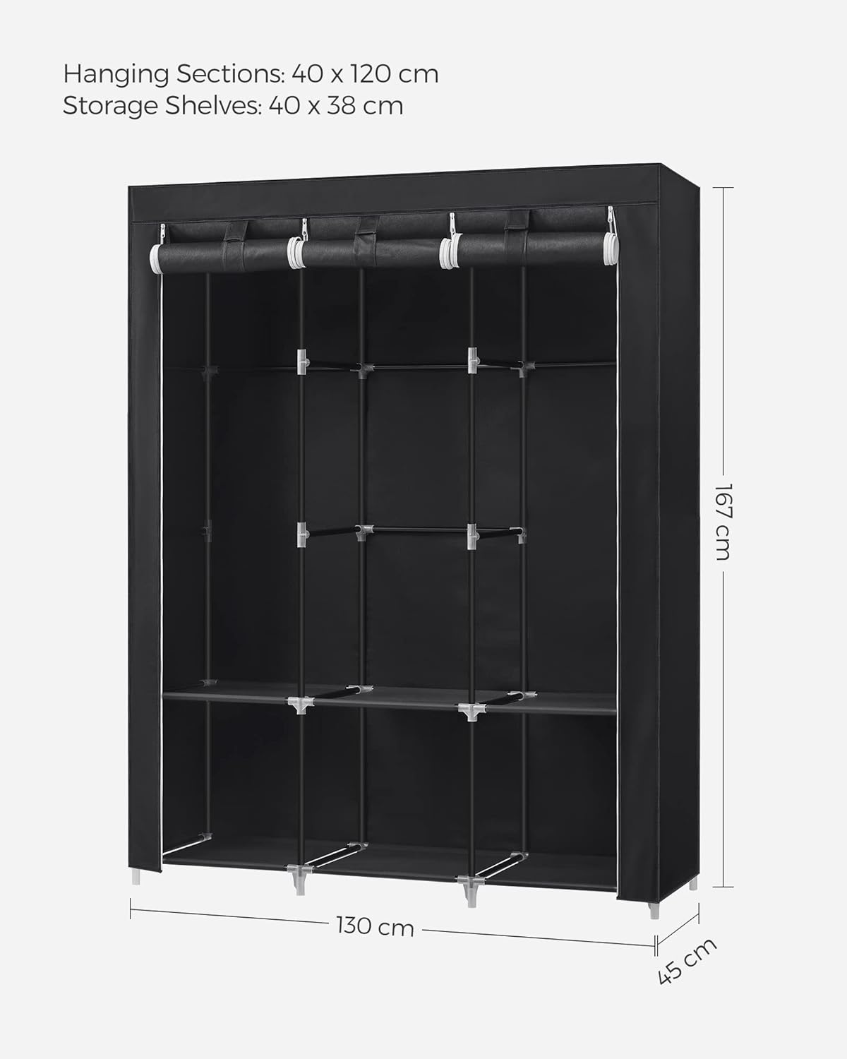 Clothes Wardrobe Portable Closet with Cover and 3 Hanging Rails Black