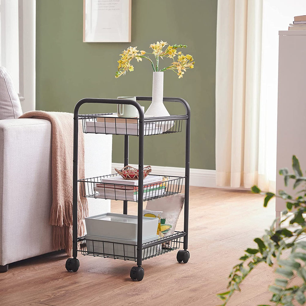 3-Tier Metal Rolling Cart on Wheels with Removable Shelves Black