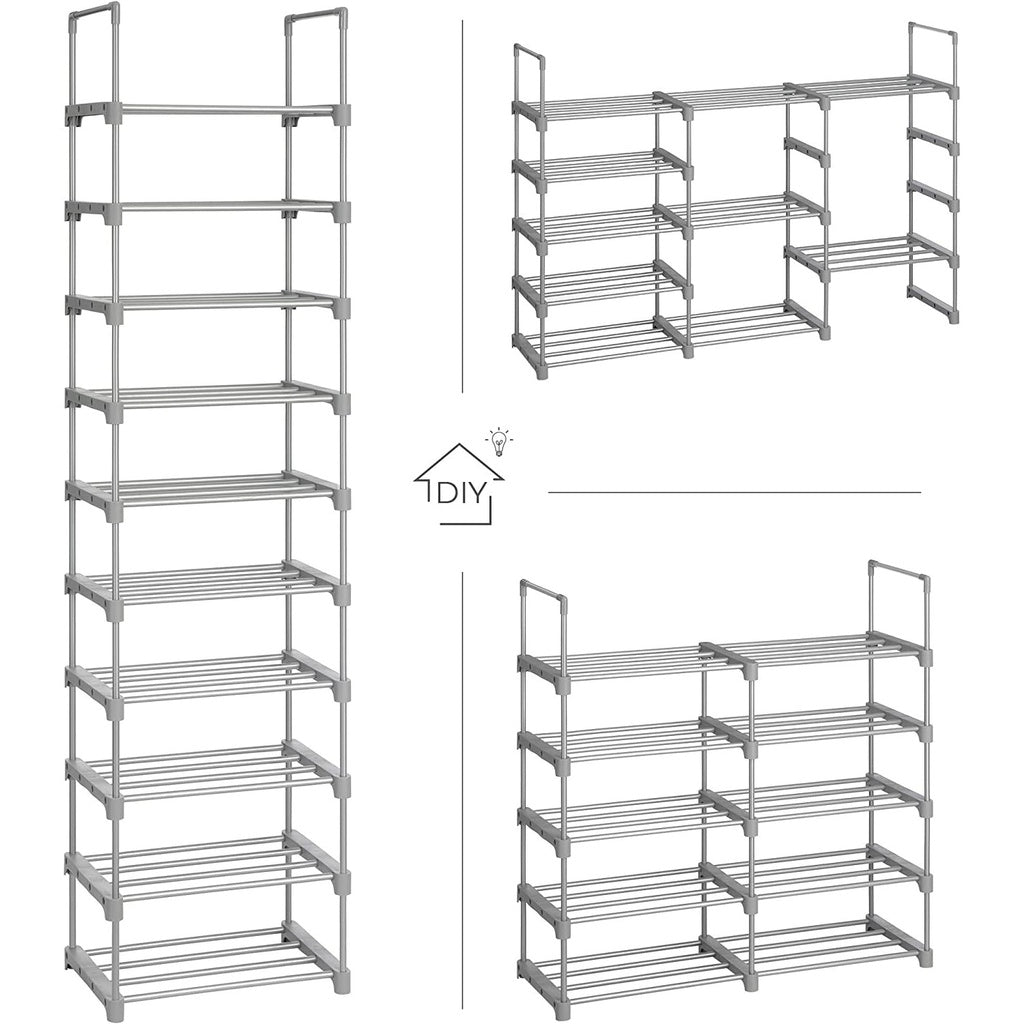 10-Tier Metal Shoe Rack Customizable Design Grey