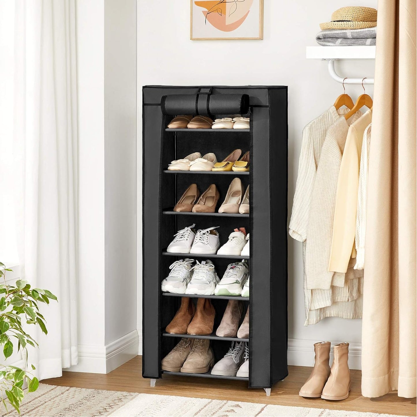 7 Tier Shoe Rack for 14-20 Pairs of Shoes Nonwoven Fabric Cover Black