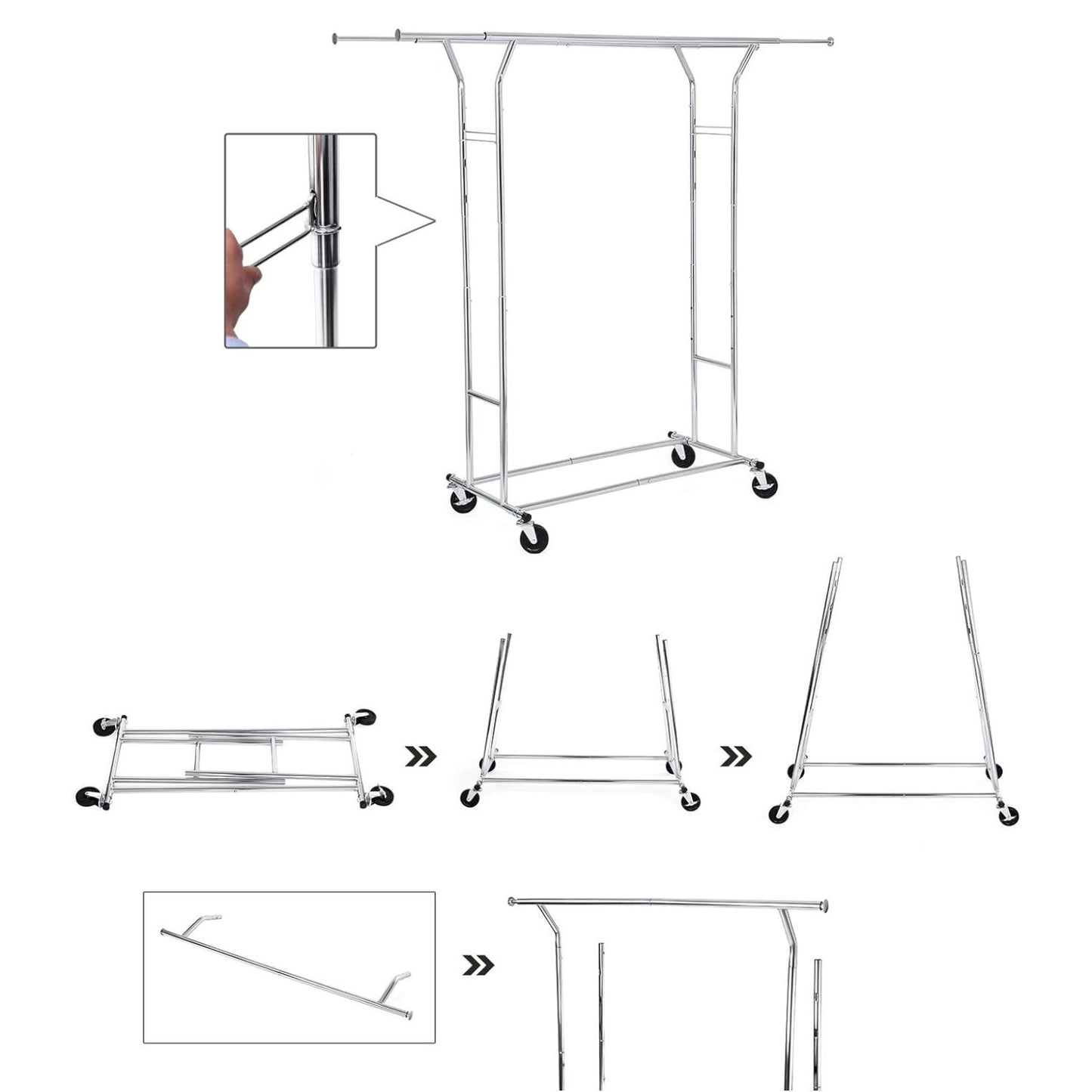 Clothes Rack Stand Metal Heavy Duty on Wheels - Silver