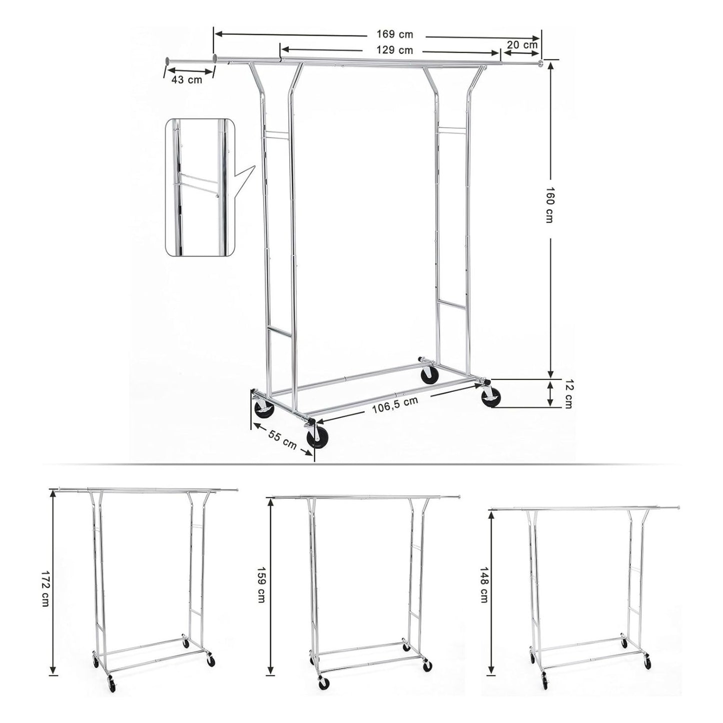 Clothes Rack Stand Metal Heavy Duty on Wheels - Silver